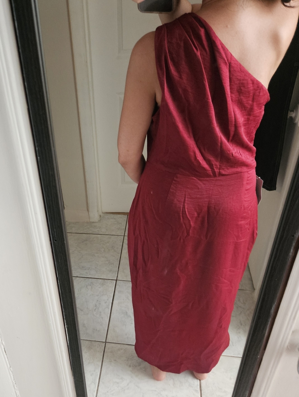 The Vanity Room Burgundy One-Shoulder Midi Dress Cocktail Red Satin Elegant